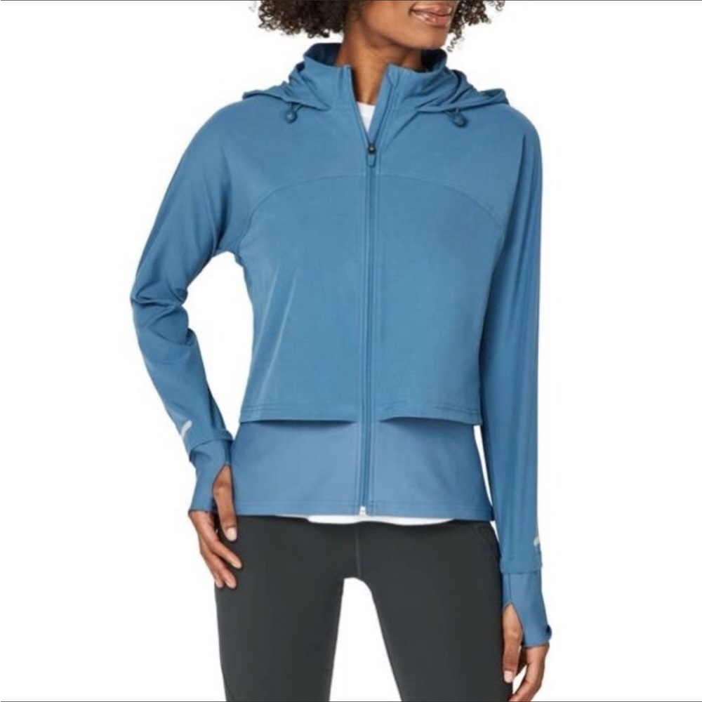 Sweaty Betty Women’s XL Fast Track Jacket Windbreaker Blue Hooded EUC